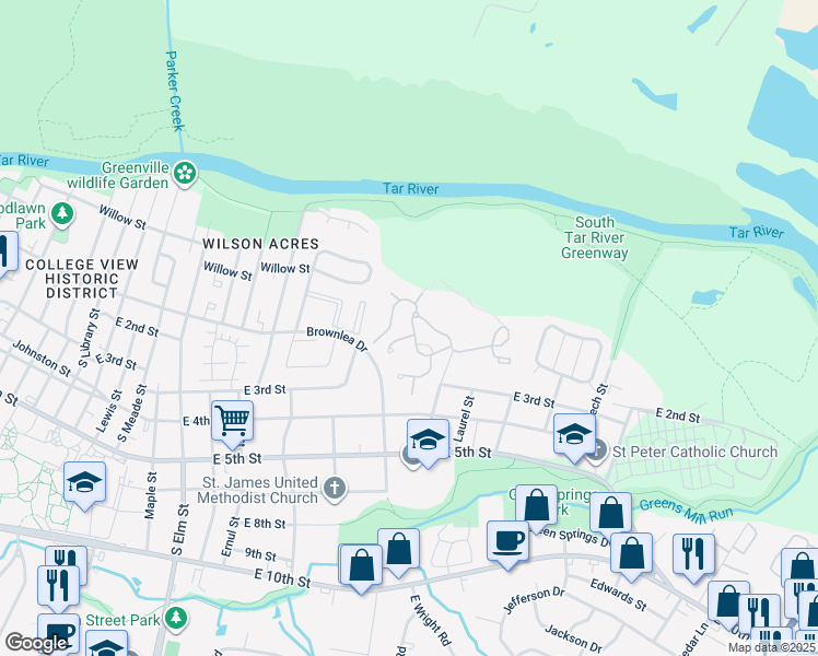 map of restaurants, bars, coffee shops, grocery stores, and more near 101-199 Hickory Street in Greenville
