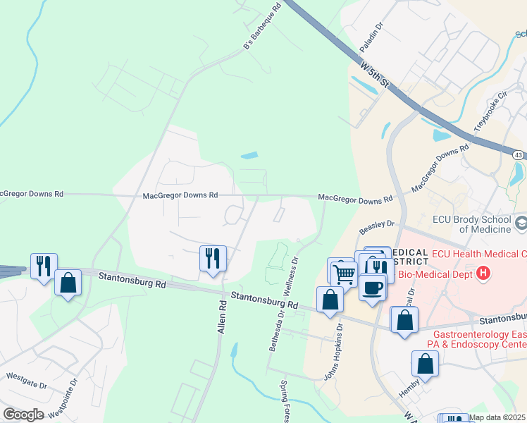 map of restaurants, bars, coffee shops, grocery stores, and more near 2645 Macgregor Downs Road in Greenville