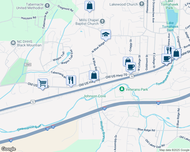 map of restaurants, bars, coffee shops, grocery stores, and more near 108 State Road 2500 in Black Mountain
