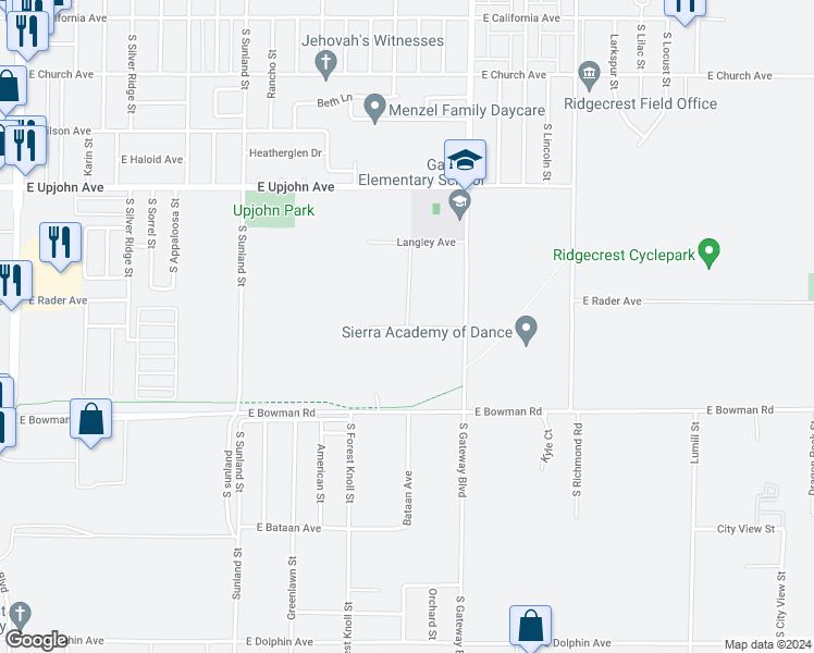 map of restaurants, bars, coffee shops, grocery stores, and more near 1236 South Primrose Street in Ridgecrest
