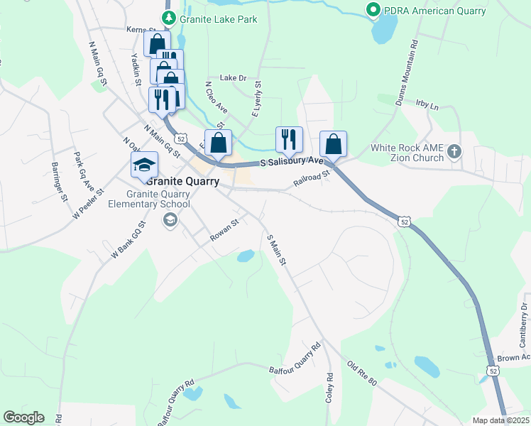 map of restaurants, bars, coffee shops, grocery stores, and more near 110 Walton Street in Granite Quarry