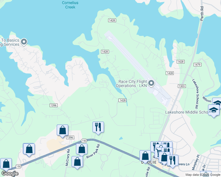 map of restaurants, bars, coffee shops, grocery stores, and more near 578 Normandy Road in Mooresville