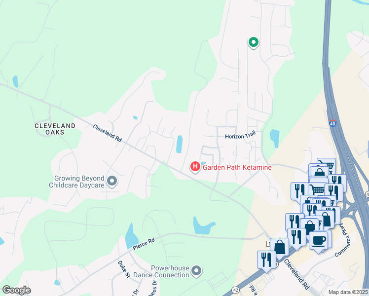 map of restaurants, bars, coffee shops, grocery stores, and more near 127 Boone Tr in Garner