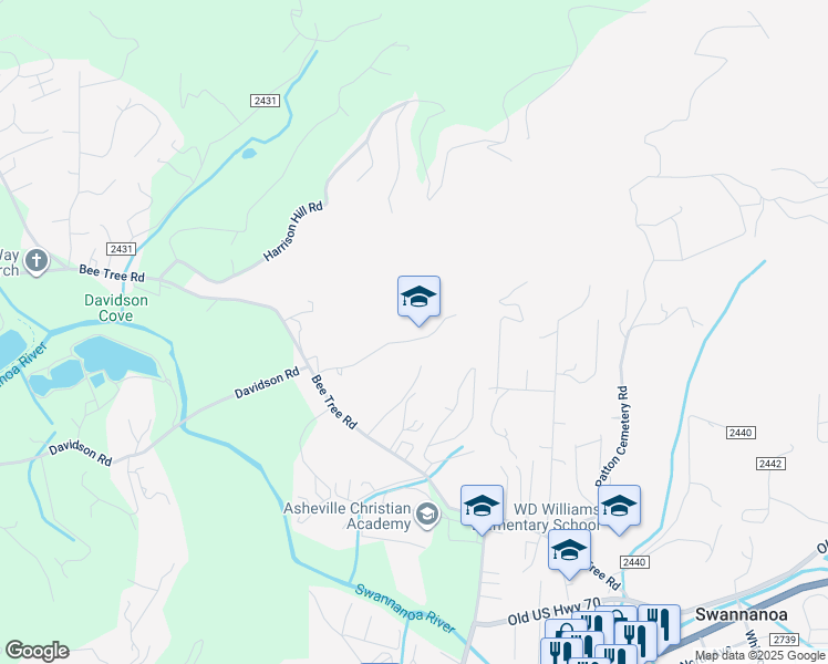 map of restaurants, bars, coffee shops, grocery stores, and more near 58 Green Forest Road in Swannanoa