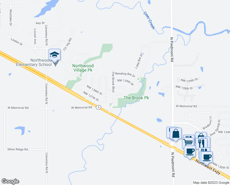 map of restaurants, bars, coffee shops, grocery stores, and more near 14013 Babbling Brook Drive in Yukon