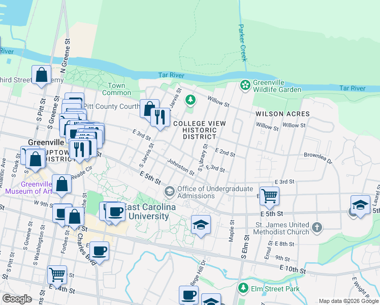 map of restaurants, bars, coffee shops, grocery stores, and more near 111 South Harding Street in Greenville