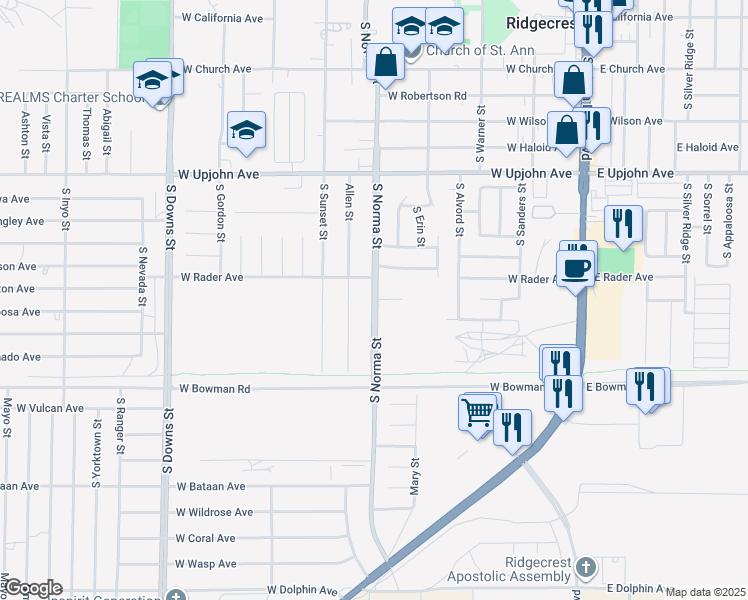 map of restaurants, bars, coffee shops, grocery stores, and more near 721 South Norma Street in Ridgecrest