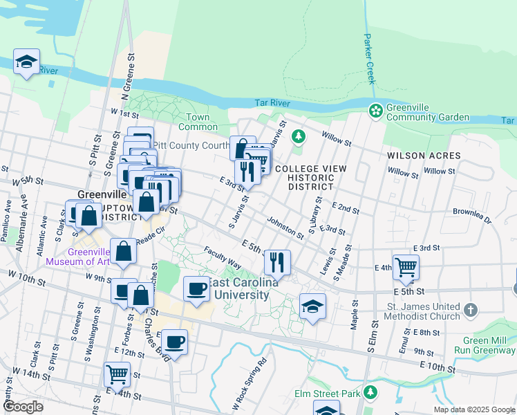 map of restaurants, bars, coffee shops, grocery stores, and more near 709 Johnston Street in Greenville