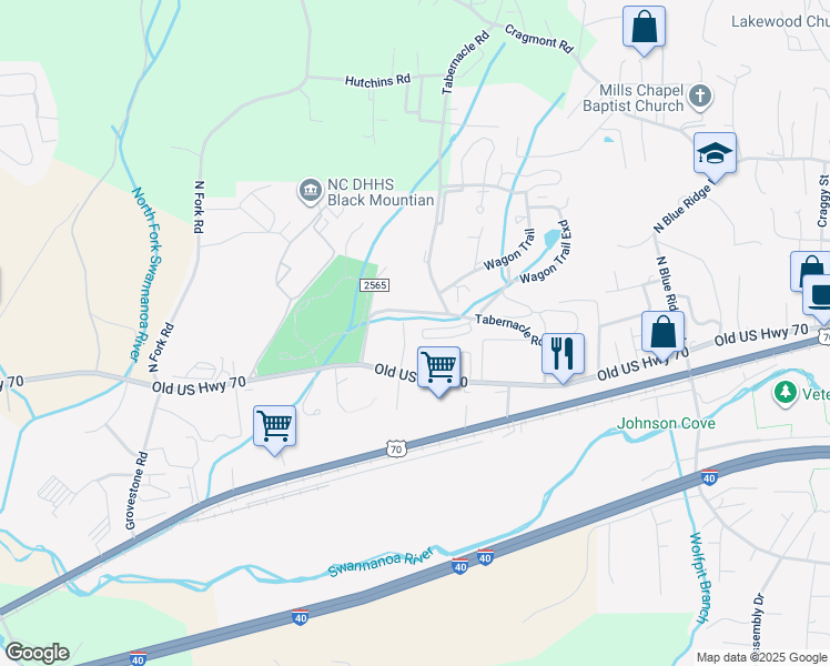 map of restaurants, bars, coffee shops, grocery stores, and more near 124 Oaken Hill Place in Black Mountain