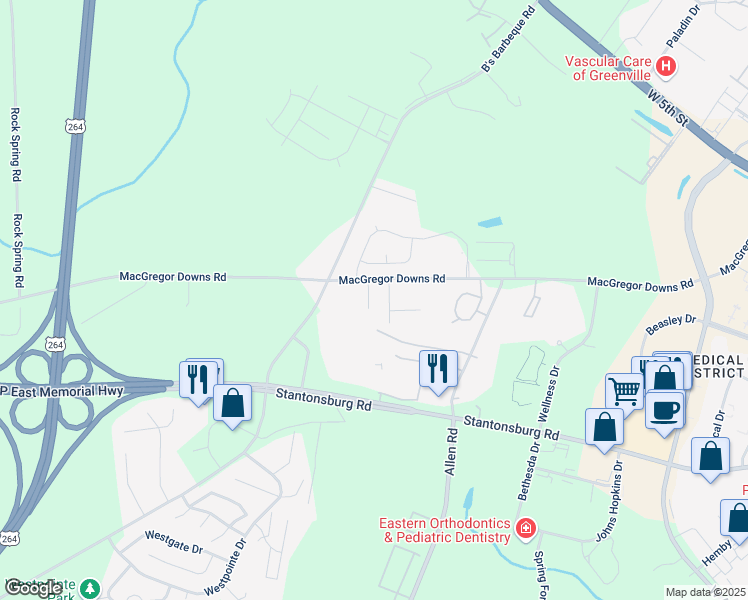 map of restaurants, bars, coffee shops, grocery stores, and more near 3005 Macgregor Downs Road in Greenville