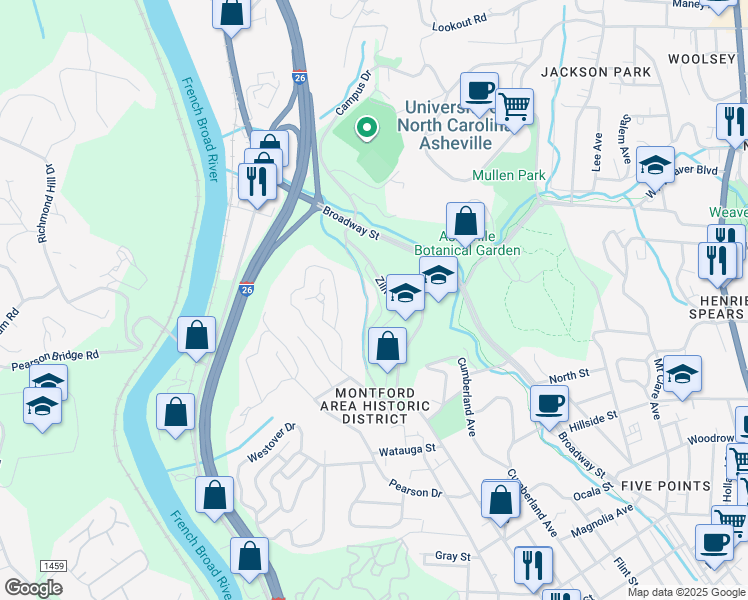 map of restaurants, bars, coffee shops, grocery stores, and more near 600 Bulldog Drive in Asheville
