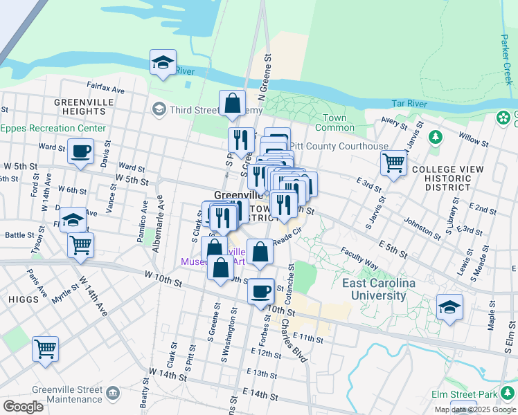 map of restaurants, bars, coffee shops, grocery stores, and more near 117 West 5th Street in Greenville
