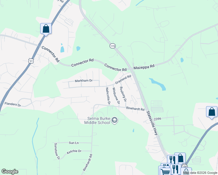 map of restaurants, bars, coffee shops, grocery stores, and more near 150 Nahcotta Drive in Mooresville