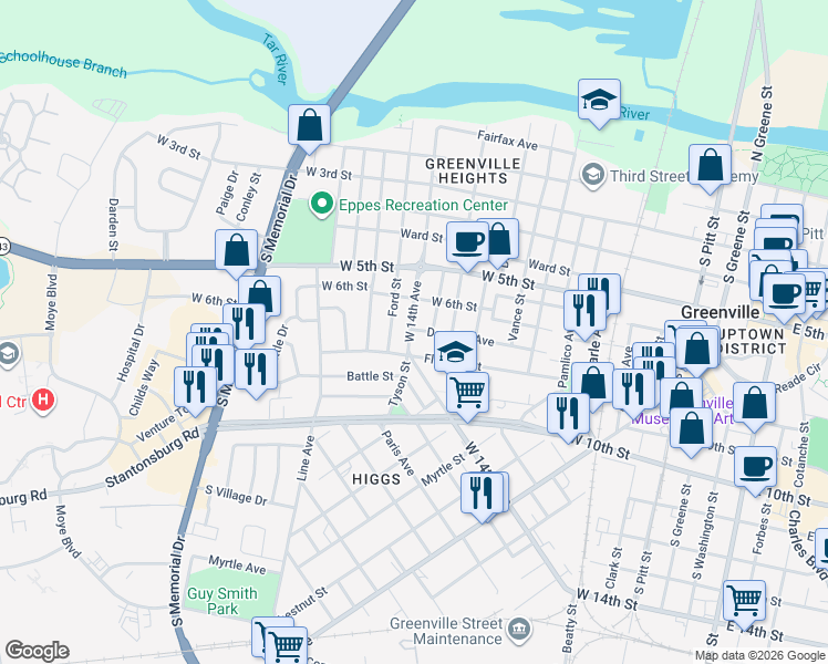 map of restaurants, bars, coffee shops, grocery stores, and more near 606 Sheppard Street in Greenville