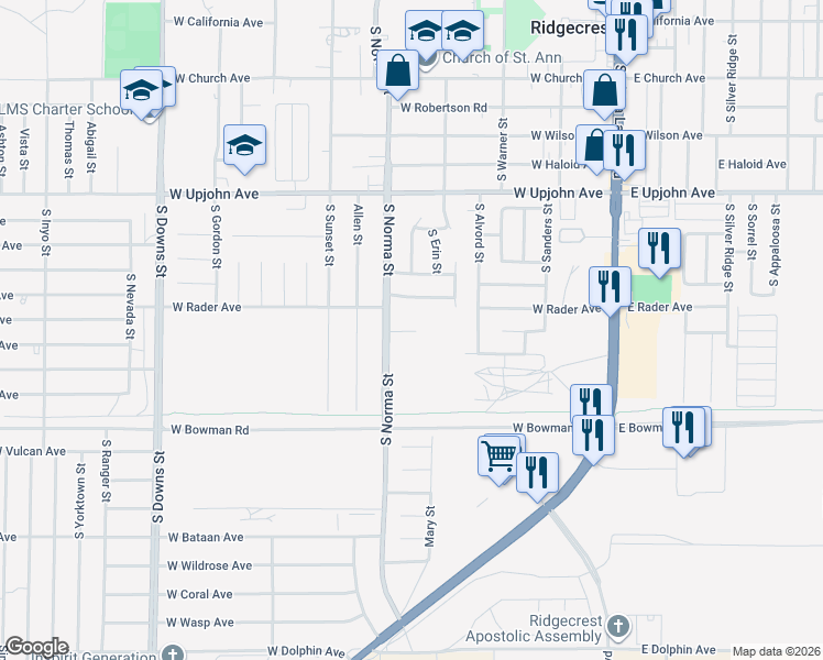 map of restaurants, bars, coffee shops, grocery stores, and more near in Ridgecrest