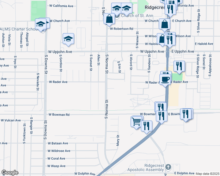map of restaurants, bars, coffee shops, grocery stores, and more near in Ridgecrest