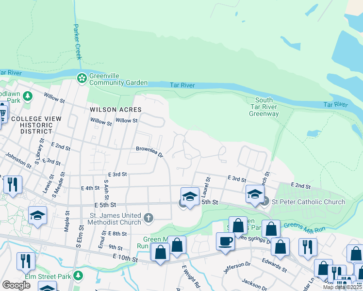 map of restaurants, bars, coffee shops, grocery stores, and more near 101-199 Hickory Street in Greenville