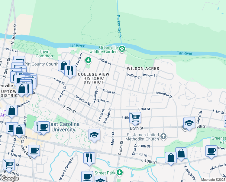 map of restaurants, bars, coffee shops, grocery stores, and more near 1309 East 1st Street in Greenville