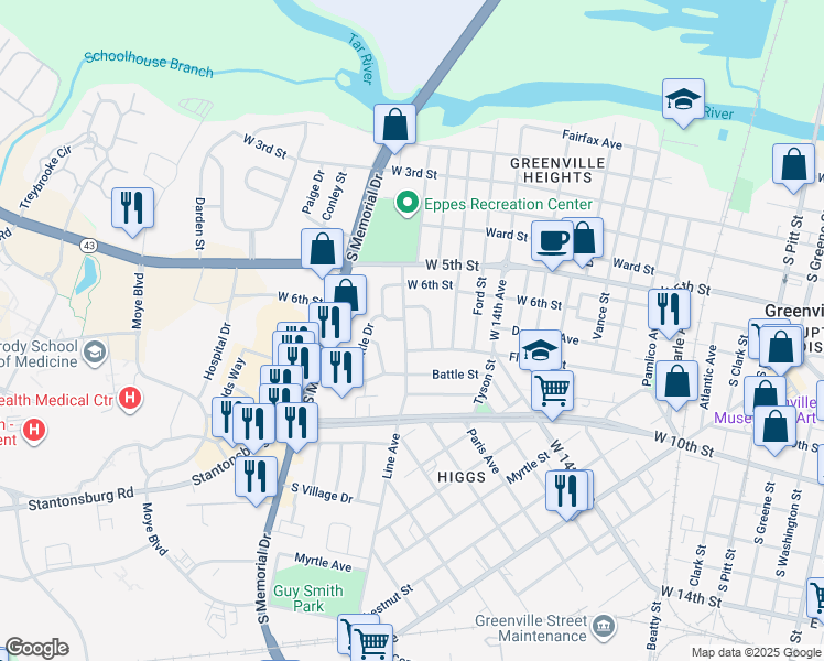 map of restaurants, bars, coffee shops, grocery stores, and more near 608 Bancroft Avenue in Greenville