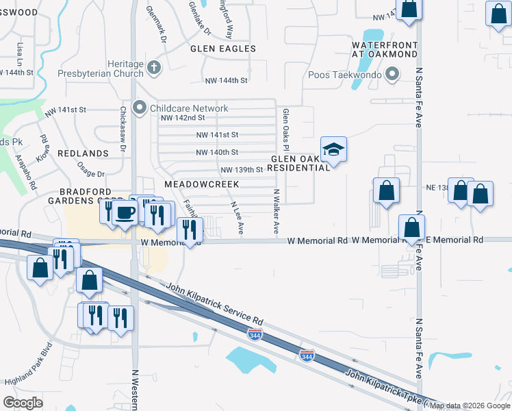 map of restaurants, bars, coffee shops, grocery stores, and more near 520 Northwest 138th Street in Edmond