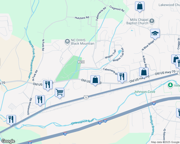 map of restaurants, bars, coffee shops, grocery stores, and more near 124 Oaken Hill Place in Black Mountain