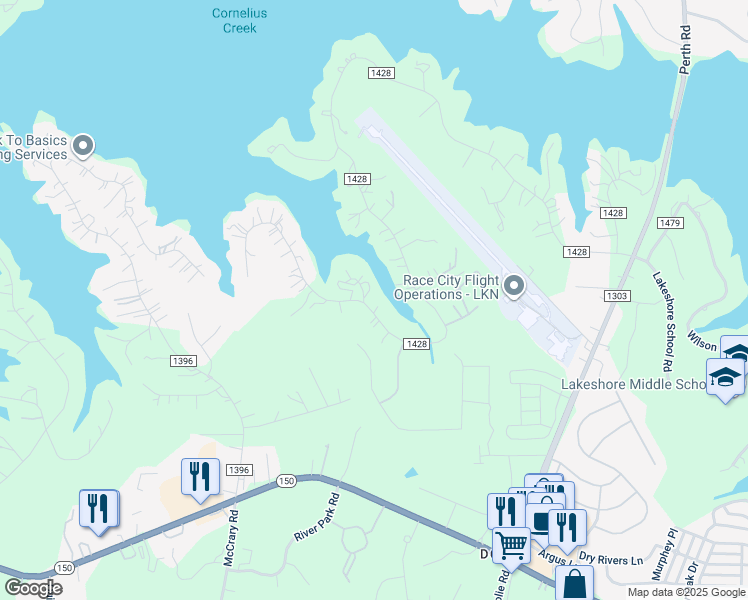 map of restaurants, bars, coffee shops, grocery stores, and more near 578 Normandy Road in Mooresville