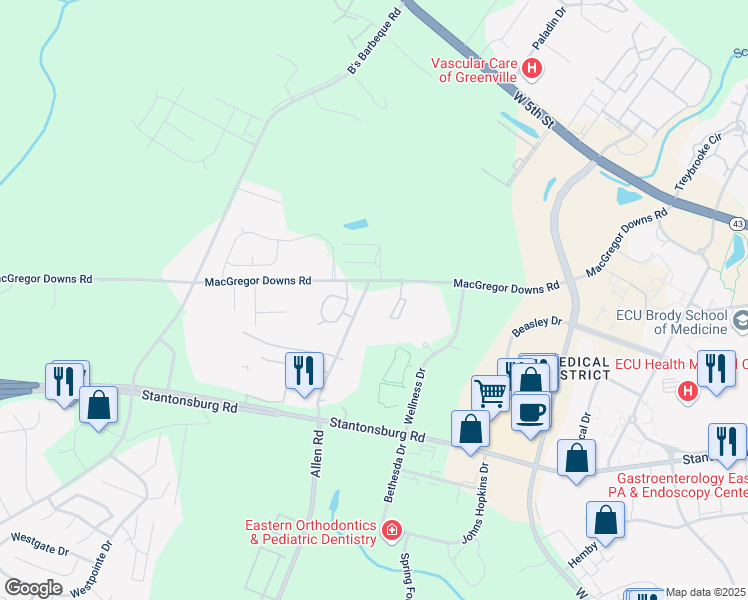 map of restaurants, bars, coffee shops, grocery stores, and more near 905 Allen Road in Greenville