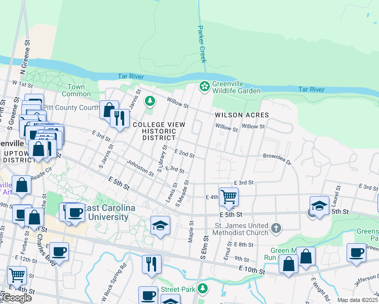 map of restaurants, bars, coffee shops, grocery stores, and more near 1309 East 1st Street in Greenville