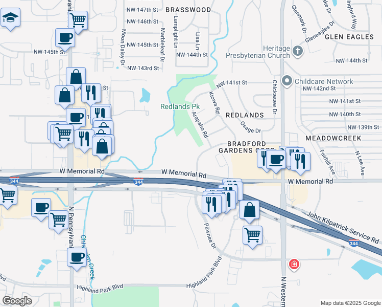 map of restaurants, bars, coffee shops, grocery stores, and more near 13819 Pawnee Drive in Edmond