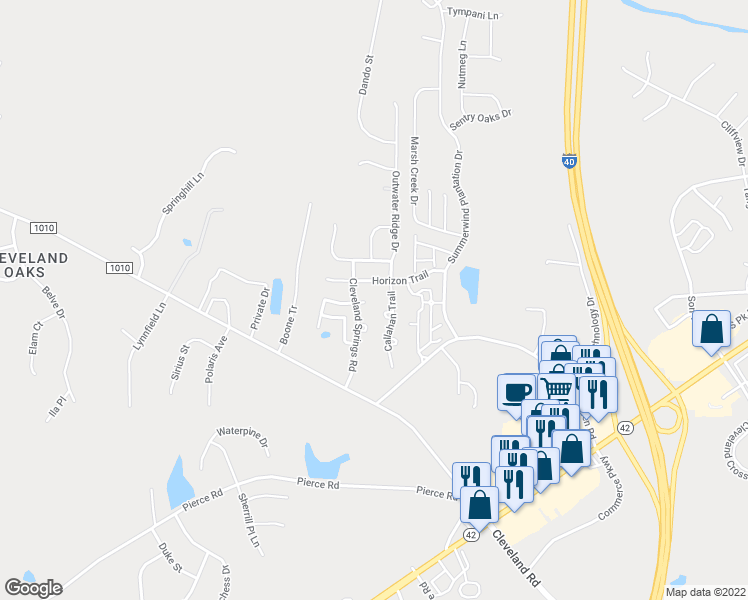 map of restaurants, bars, coffee shops, grocery stores, and more near 35 Baron Court in Garner