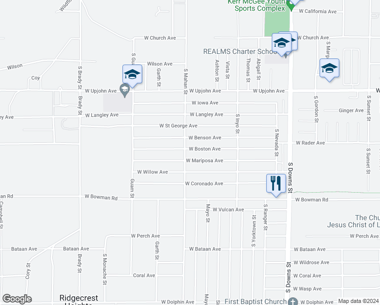 map of restaurants, bars, coffee shops, grocery stores, and more near 1237 West Boston Avenue in Ridgecrest