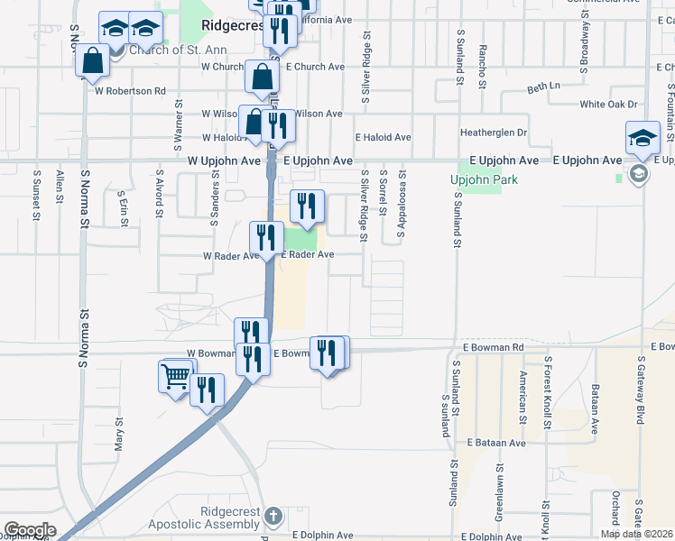 map of restaurants, bars, coffee shops, grocery stores, and more near 205 East Rader Avenue in Ridgecrest