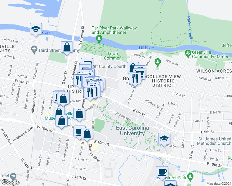 map of restaurants, bars, coffee shops, grocery stores, and more near in Greenville