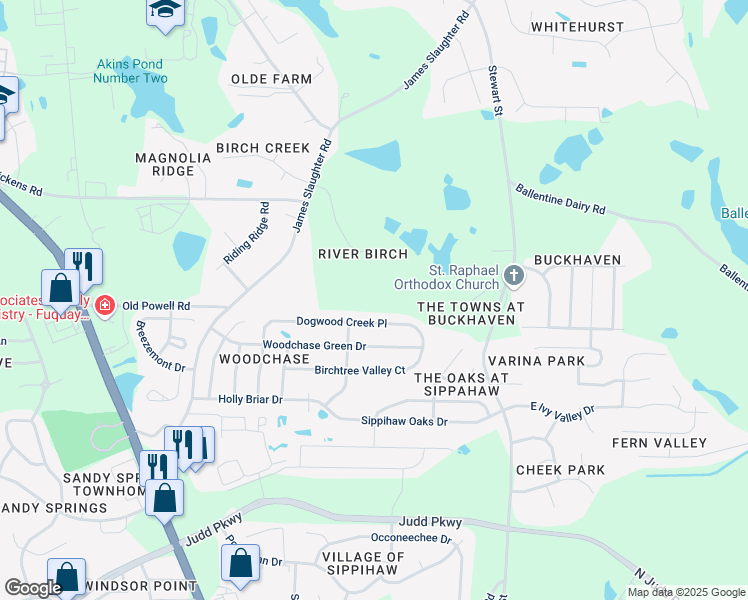 map of restaurants, bars, coffee shops, grocery stores, and more near 116 Birchland Drive in Fuquay-Varina