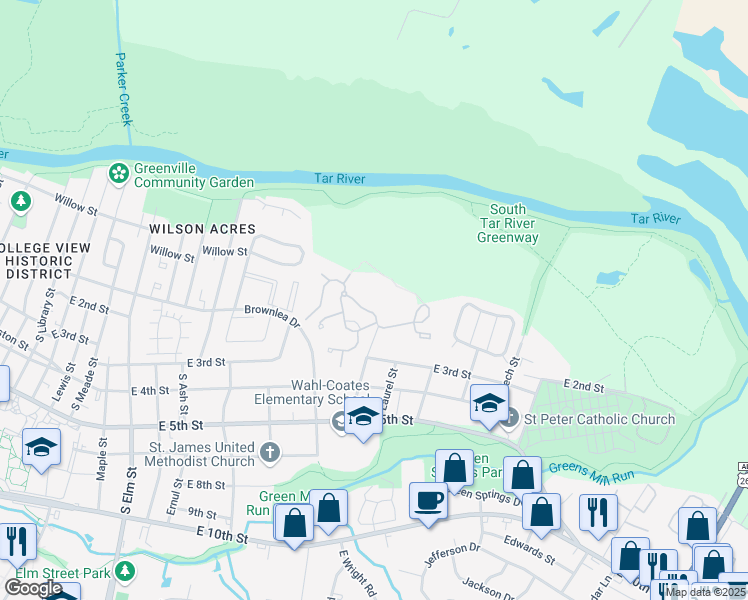 map of restaurants, bars, coffee shops, grocery stores, and more near 100 Hickory Street in Greenville