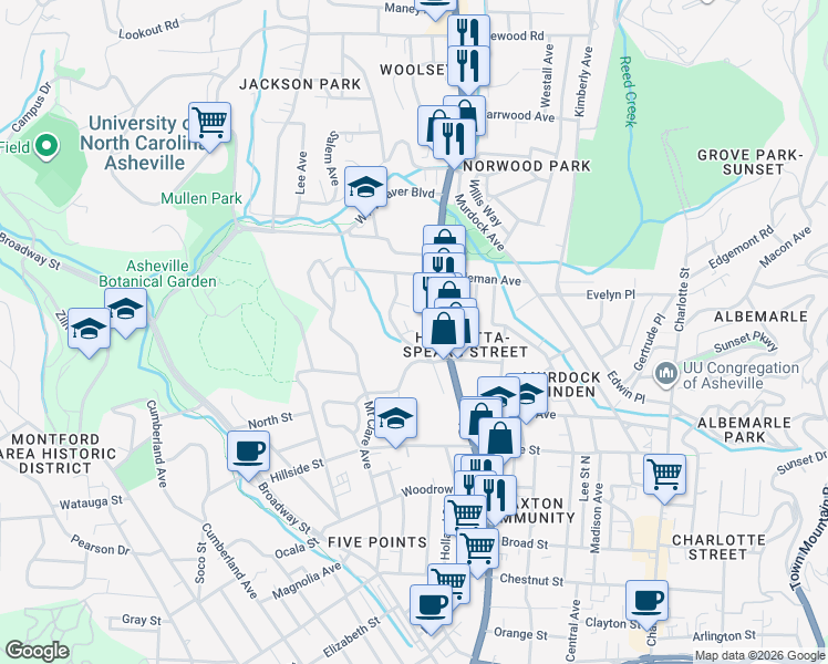 map of restaurants, bars, coffee shops, grocery stores, and more near 13 Plant Place in Asheville