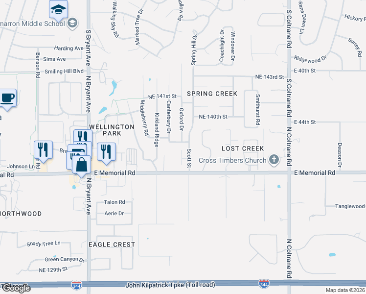 map of restaurants, bars, coffee shops, grocery stores, and more near 13900 Oxford Drive in Edmond