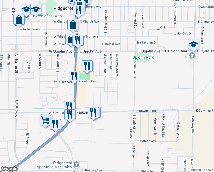 map of restaurants, bars, coffee shops, grocery stores, and more near 233 East Rader Avenue in Ridgecrest