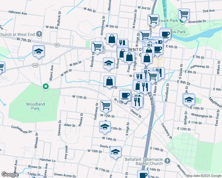 map of restaurants, bars, coffee shops, grocery stores, and more near 1016 School Street in Columbia