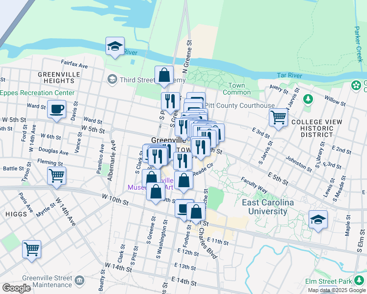 map of restaurants, bars, coffee shops, grocery stores, and more near 117 West 5th Street in Greenville