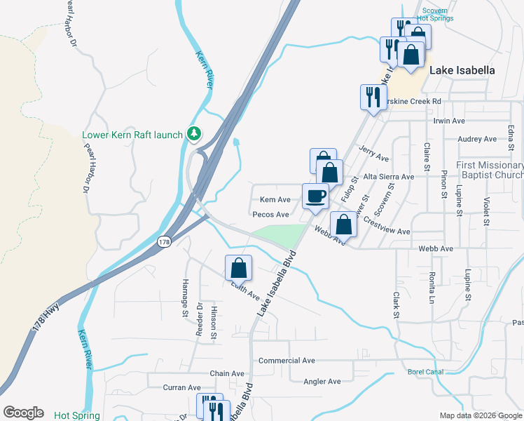 map of restaurants, bars, coffee shops, grocery stores, and more near 2021 Pecos Avenue in Lake Isabella