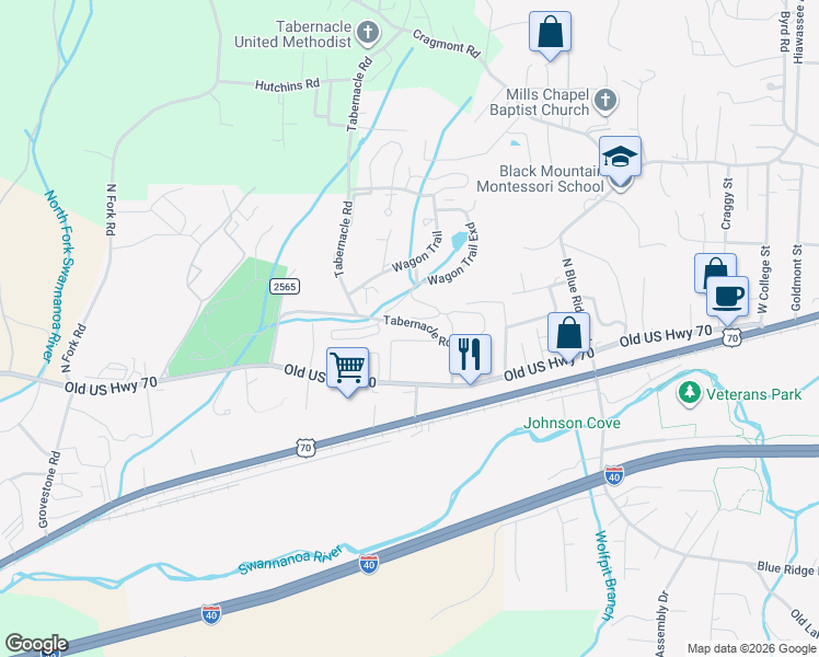 map of restaurants, bars, coffee shops, grocery stores, and more near 85 Wagon Trail in Black Mountain