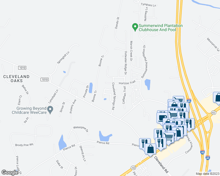 map of restaurants, bars, coffee shops, grocery stores, and more near 50 Reunion Court in Garner