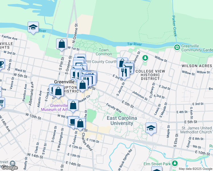 map of restaurants, bars, coffee shops, grocery stores, and more near 402 South Holly Street in Greenville