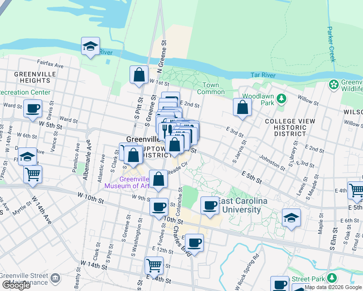 map of restaurants, bars, coffee shops, grocery stores, and more near 201 East 5th Street in Greenville