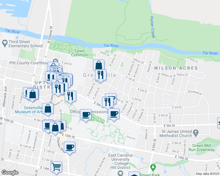 map of restaurants, bars, coffee shops, grocery stores, and more near 704 East 3rd Street in Greenville