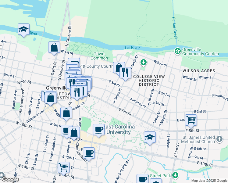 map of restaurants, bars, coffee shops, grocery stores, and more near 307 South Summit Street in Greenville
