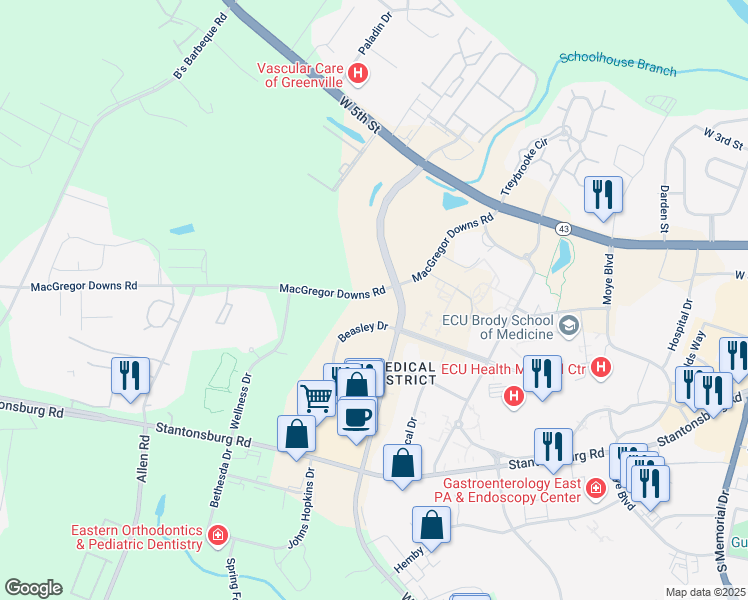 map of restaurants, bars, coffee shops, grocery stores, and more near 2100-2414 MacGregor Downs Road in Greenville