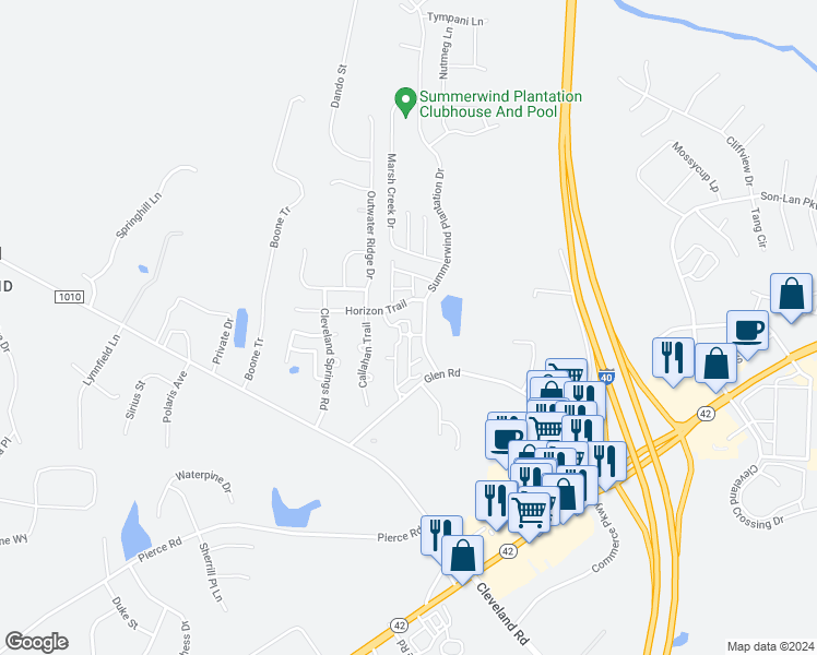 map of restaurants, bars, coffee shops, grocery stores, and more near 43 Cedar Hollow Drive in Garner