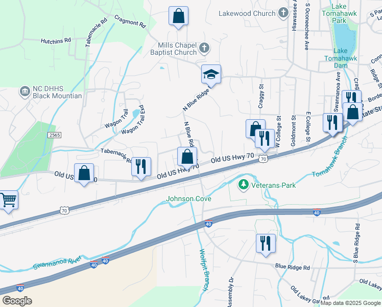 map of restaurants, bars, coffee shops, grocery stores, and more near 108 State Road 2500 in Black Mountain